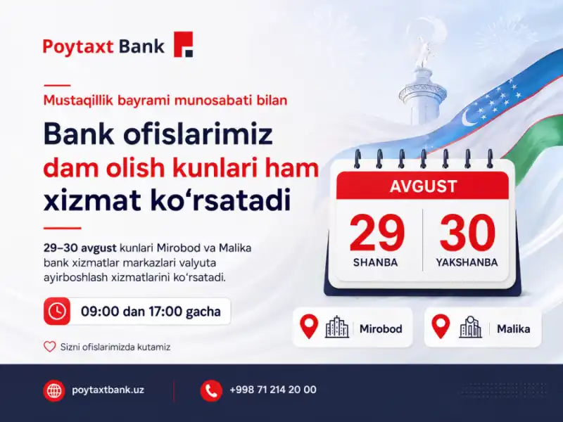 Dam olish kunlari bankning ish jadvali